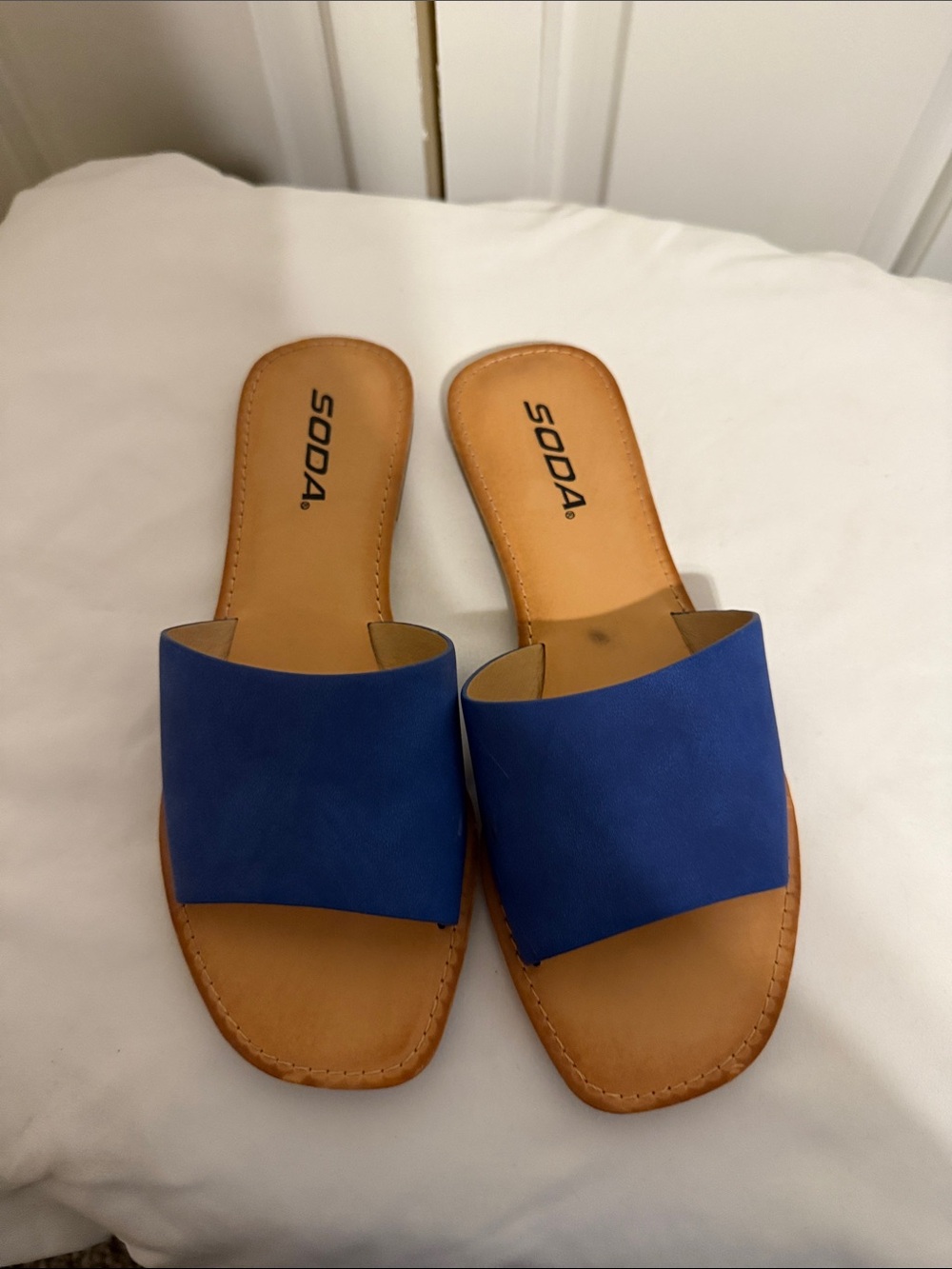 Soda Royal Blue Slide Sandals with Tan Footbed